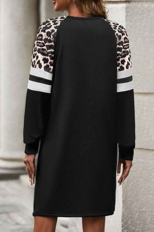 Black Leopard Print Patchwork Varsity Raglan Sleeve Sweatshirt Dress