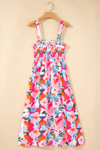 Pink Floral Print Adjustable Straps Smocked High Waist Sundress