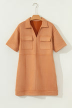 Thai Curry Collared V Neck Faux Suede Short Sleeve Shift Mini Dress
