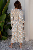 Khaki Maple Grove Floral Smocked Puff Sleeve Long Dress