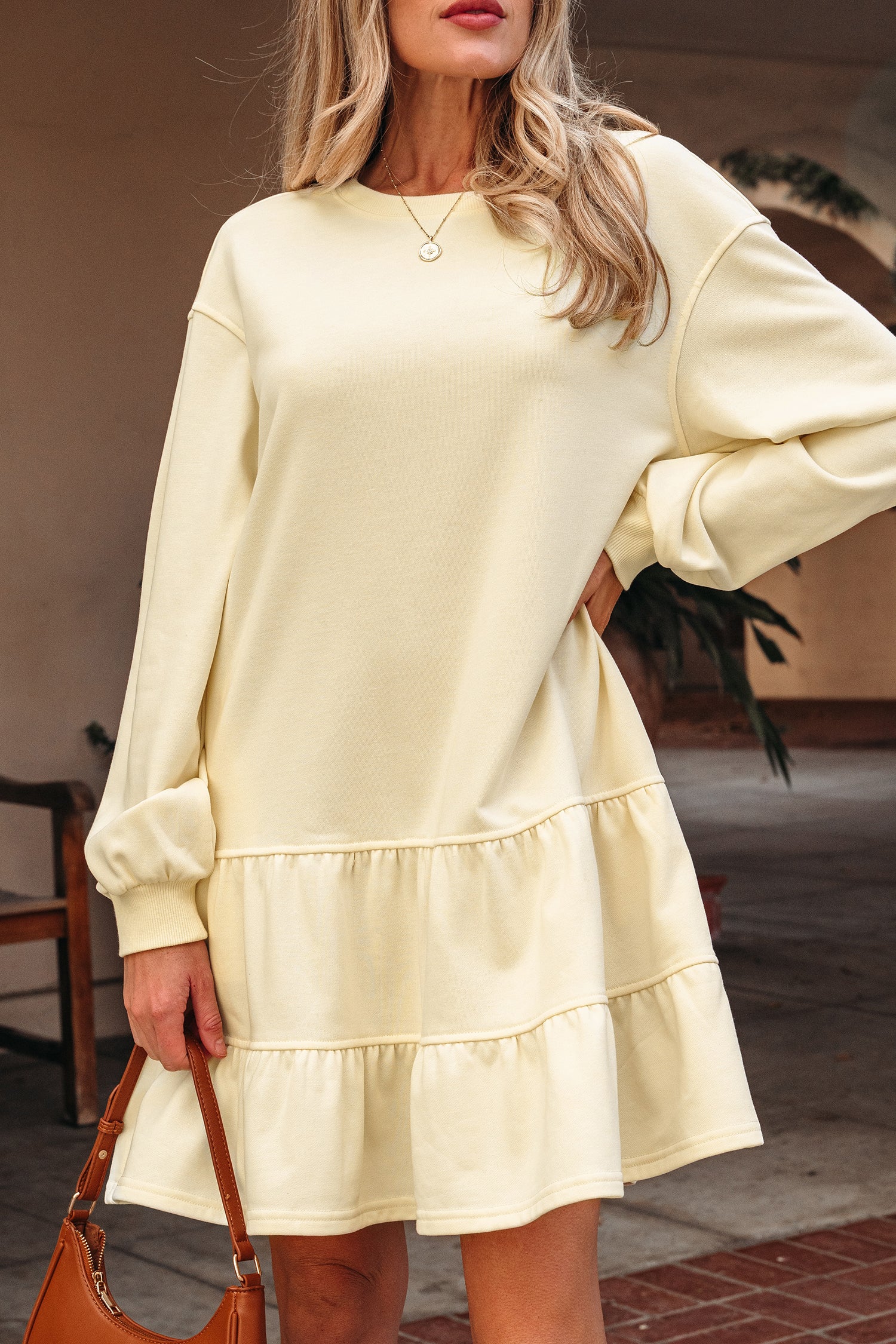 Beige Double Tiered Ruffle Hem Long Sleeve Loose Mini Dress