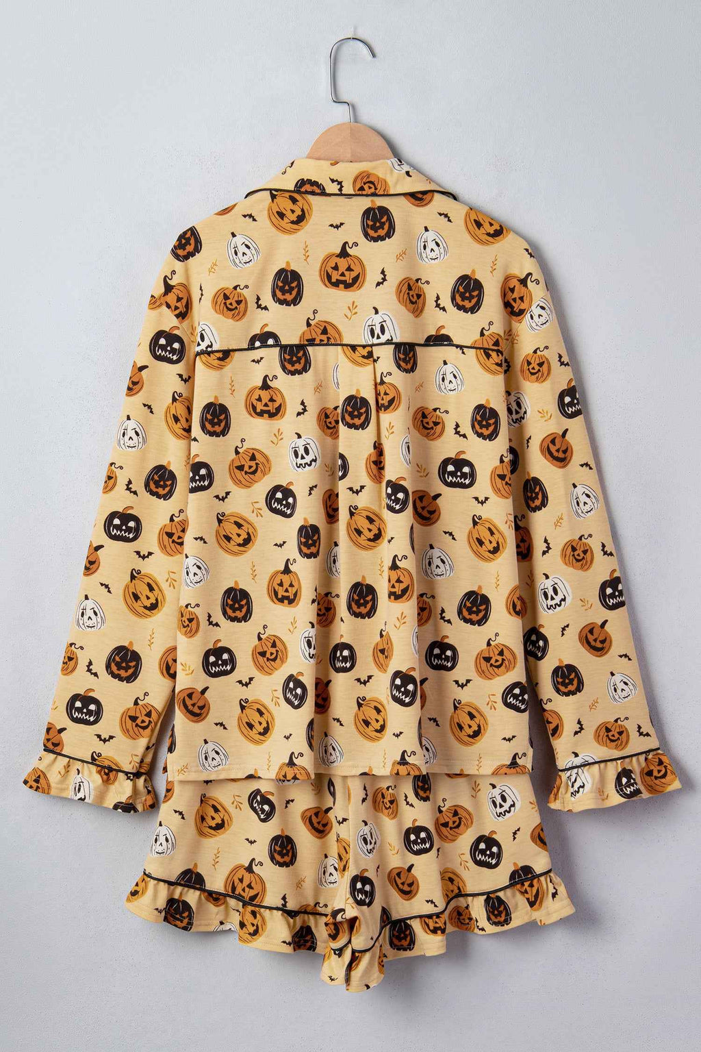 Orange Long Sleeve Ruffle Pumpkin Face Print Two Piece Lounge Set