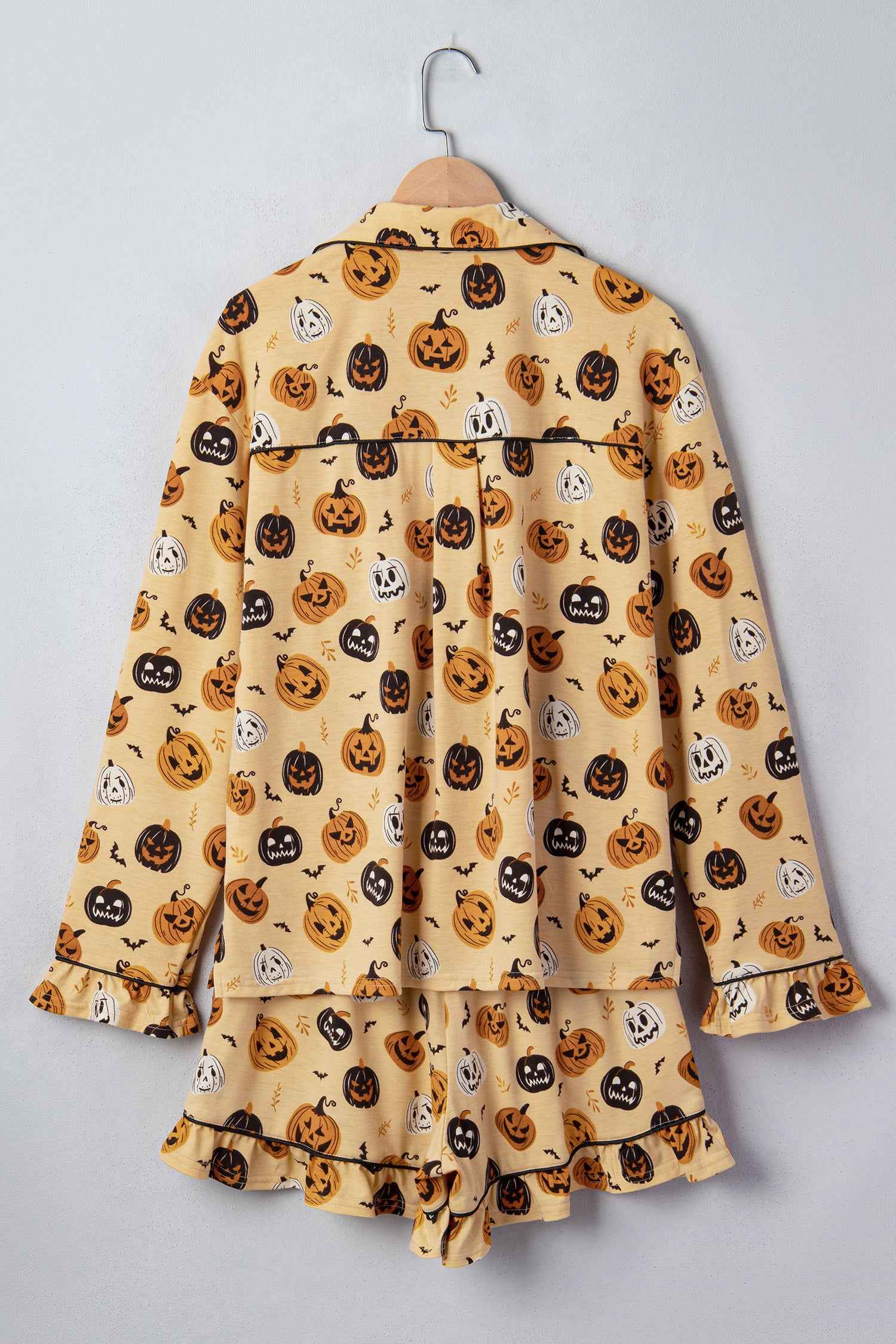Orange Long Sleeve Ruffle Pumpkin Face Print Two Piece Lounge Set