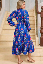 Blue Floral Print Striped Trim Split Neck Long Sleeve Ruffle Hem Midi Dress