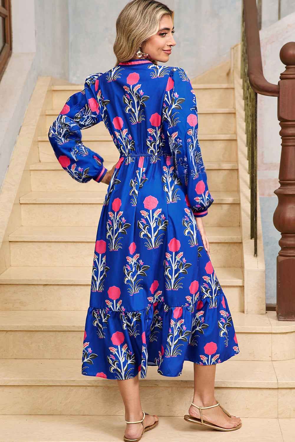 Blue Floral Print Striped Trim Split Neck Long Sleeve Ruffle Hem Midi Dress