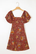 Red Floral Puff Sleeve Square Neck Knot Open Back Mini Dress