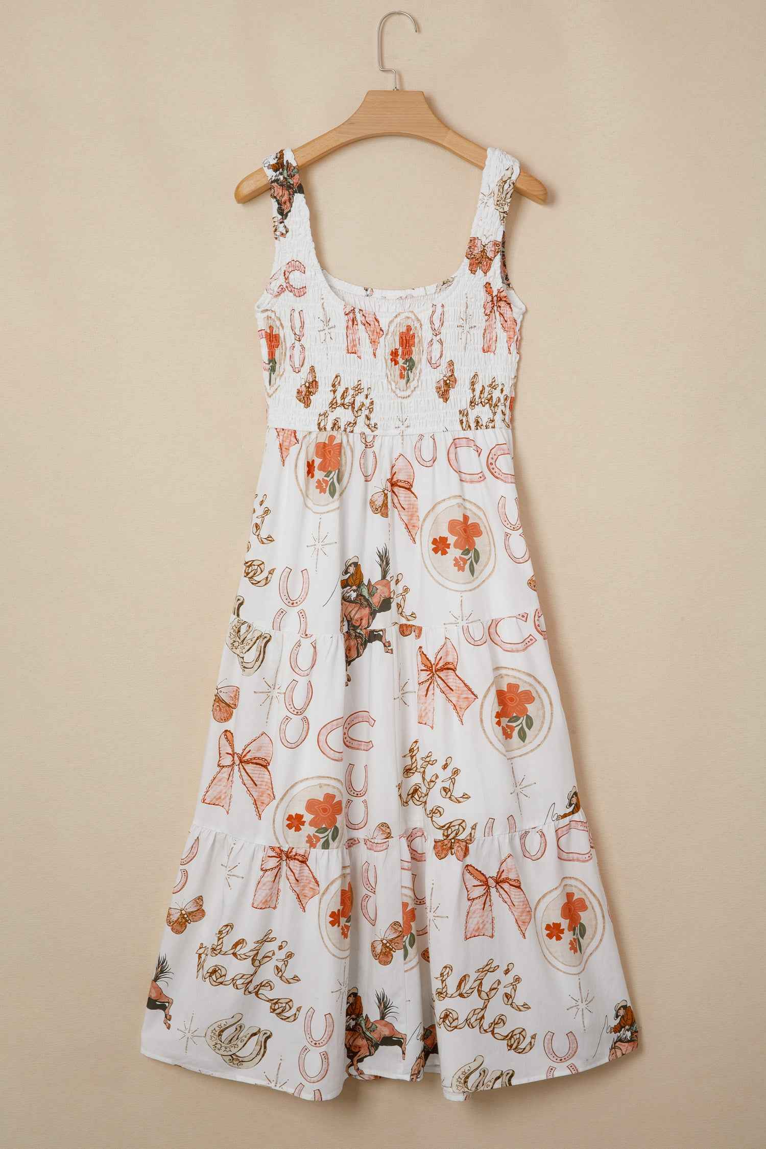 White Western Horseshoe Print U-Neck Sleeveless Midi Dress