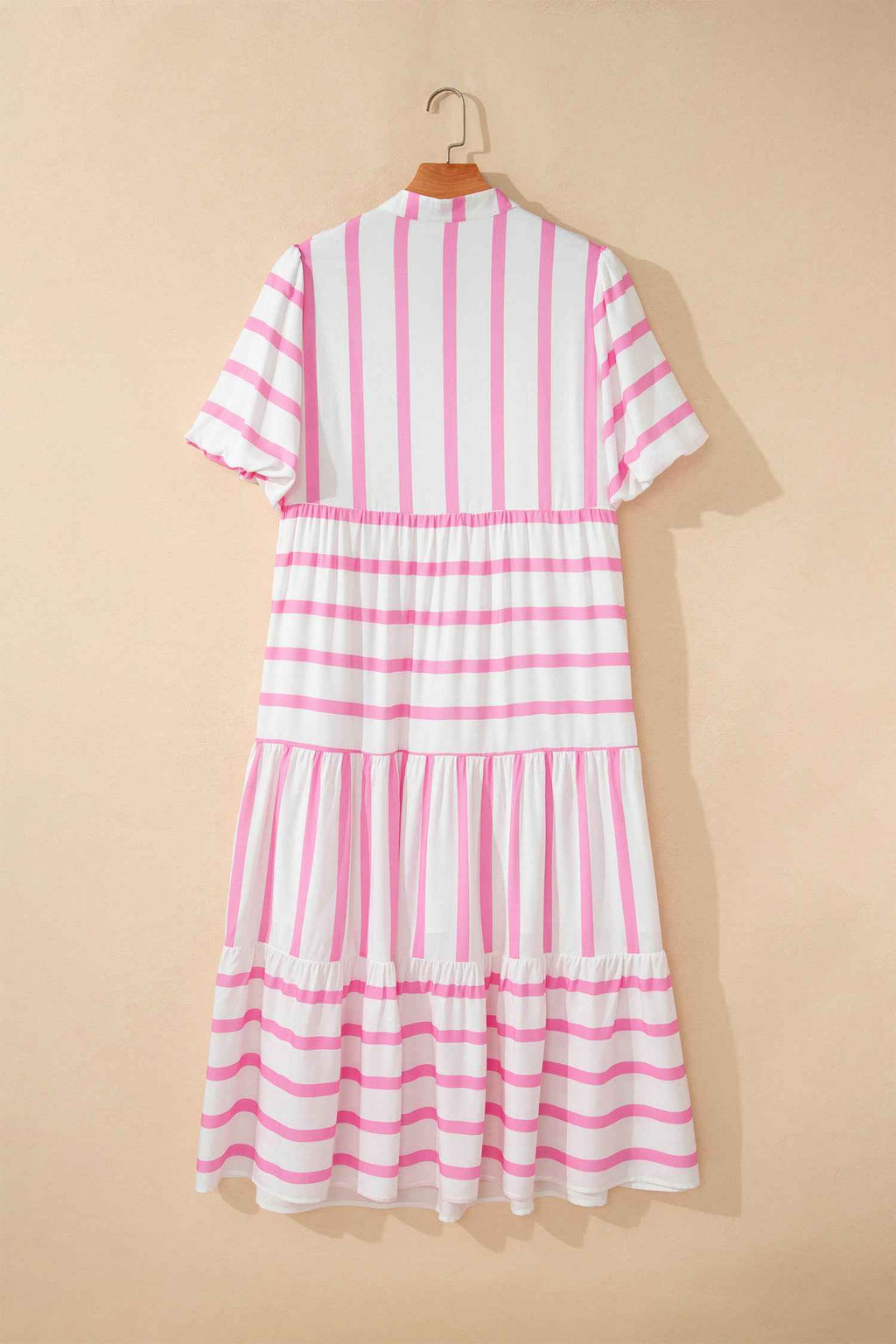 Pink Stripe Plus Size V Neck Short Puff Sleeve Tiered Maxi Dress
