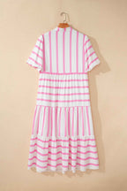 Pink Stripe Plus Size V Neck Short Puff Sleeve Tiered Maxi Dress