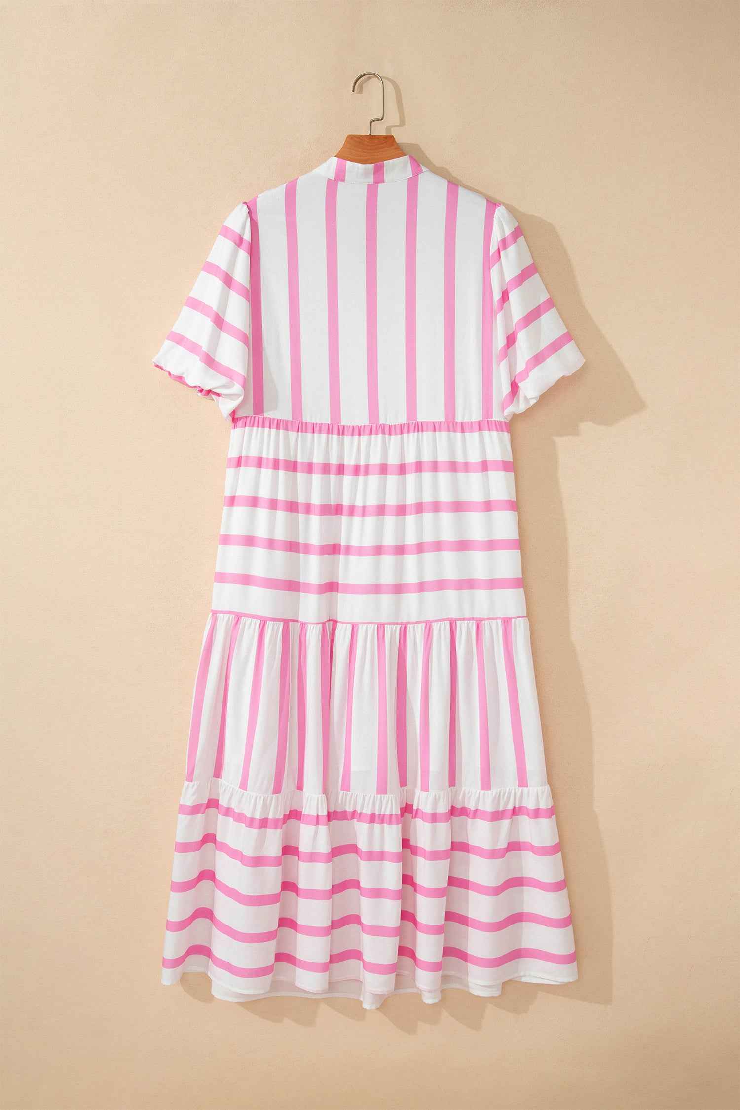 Pink Stripe Plus Size V Neck Short Puff Sleeve Tiered Maxi Dress