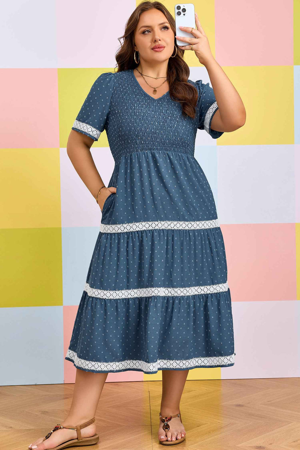 Dusk Blue Plus Size V Neck Swiss Dot Lace Patchwork Detail Flared Midi Dress