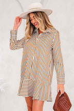 Brown Stripe Ruffled Hem Collared Long Sleeve Shirt Mini Dress