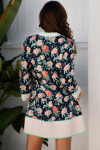 Blue Floral Print Striped Trim V Neck Long Sleeve Ruffle Hem Shift Mini Dress