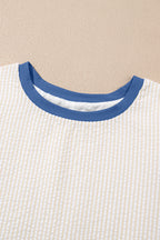 Beige Stripe Seersucker Contrast Round Neck Puff Sleeve T Shirt Dress