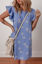 Sky Blue Bow Knot Print Crewneck Ruffled Sleeve Shift Mini Dress