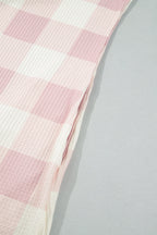 Pink Waffle Plaid Print Contrast Denim Shirt Collar Buttoned T Shirt Mini Dress