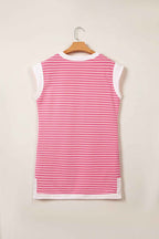 Pink Stripe Color Block Trim Notched Neck Sleeveless Shift Mini Dress