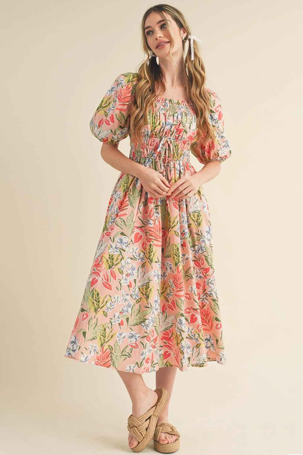 Apricot Pink Floral Smocked Bust Bubble Short Sleeve Maxi Dress