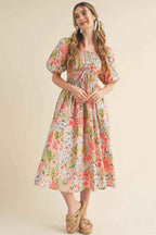 Apricot Pink Floral Smocked Bust Bubble Short Sleeve Maxi Dress