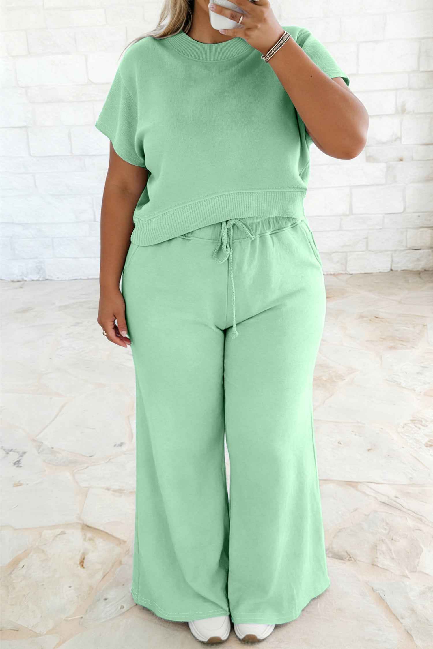 Mist Blue Solid Color Ribbed Trim Short Sleeve Top Drawstring Loose Pants 2pcs Outfit