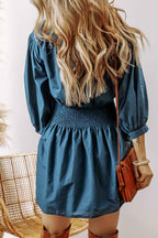 Prussian Blue 3/4 Sleeve Shirred High Waist Buttoned Mini Dress