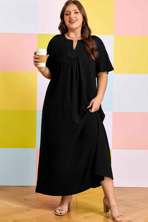 Black Plus Size Solid Color Notched Neck Short Sleeve Loose Dress