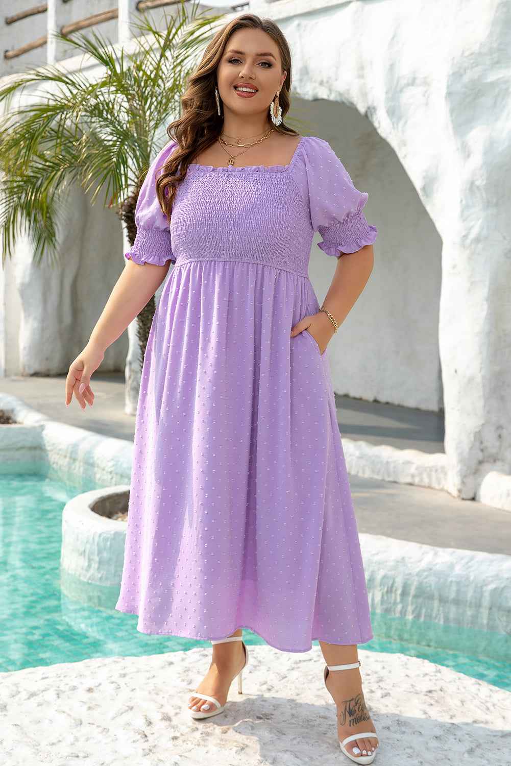 Wisteria Swiss Dot Smocked Frilled Neckline Short Sleeve Plus Size Dress