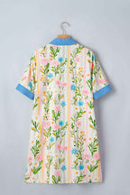 Multicolour Floral Print Striped Trim Button Down Shift Dress