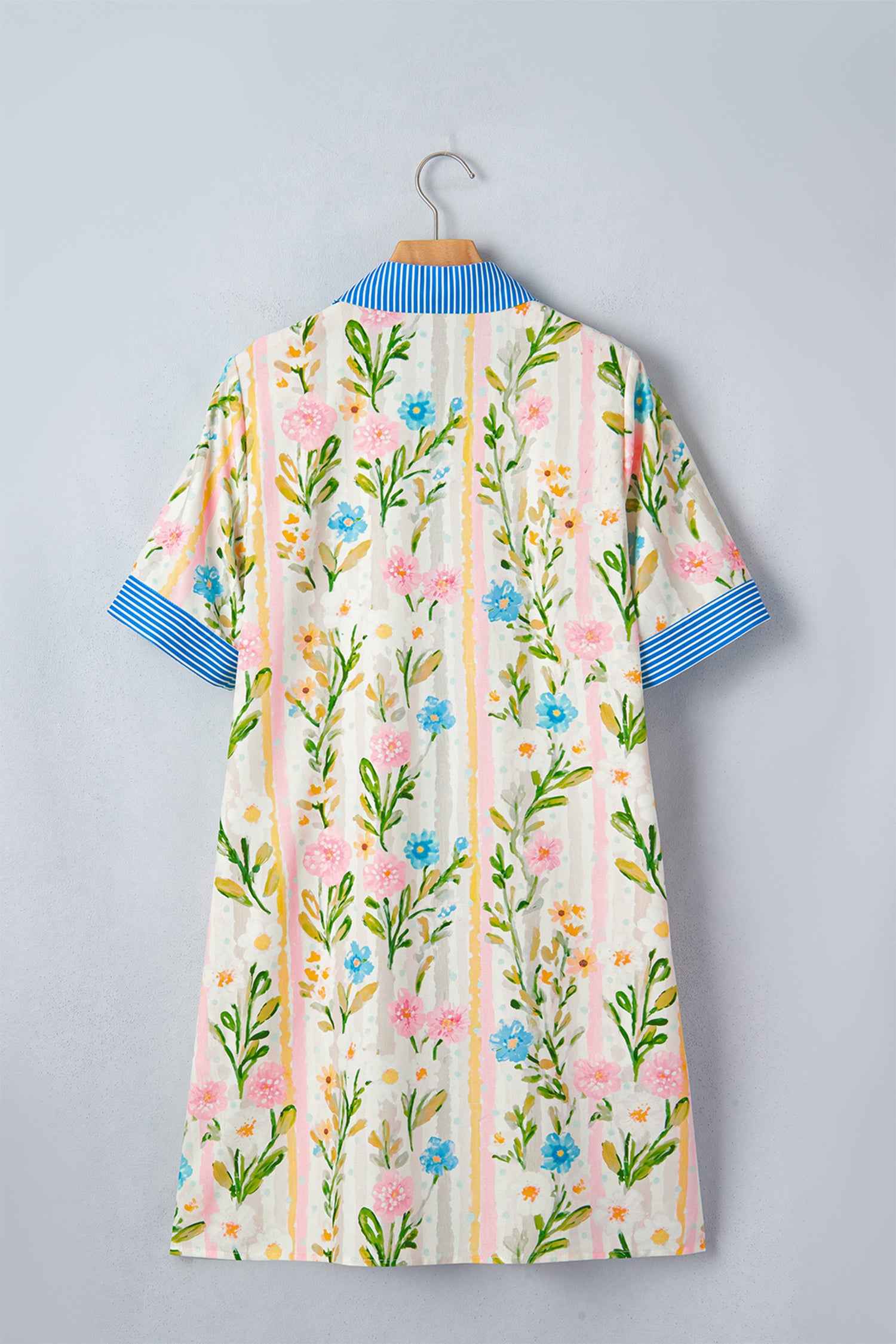 Multicolour Floral Print Striped Trim Button Down Shift Dress