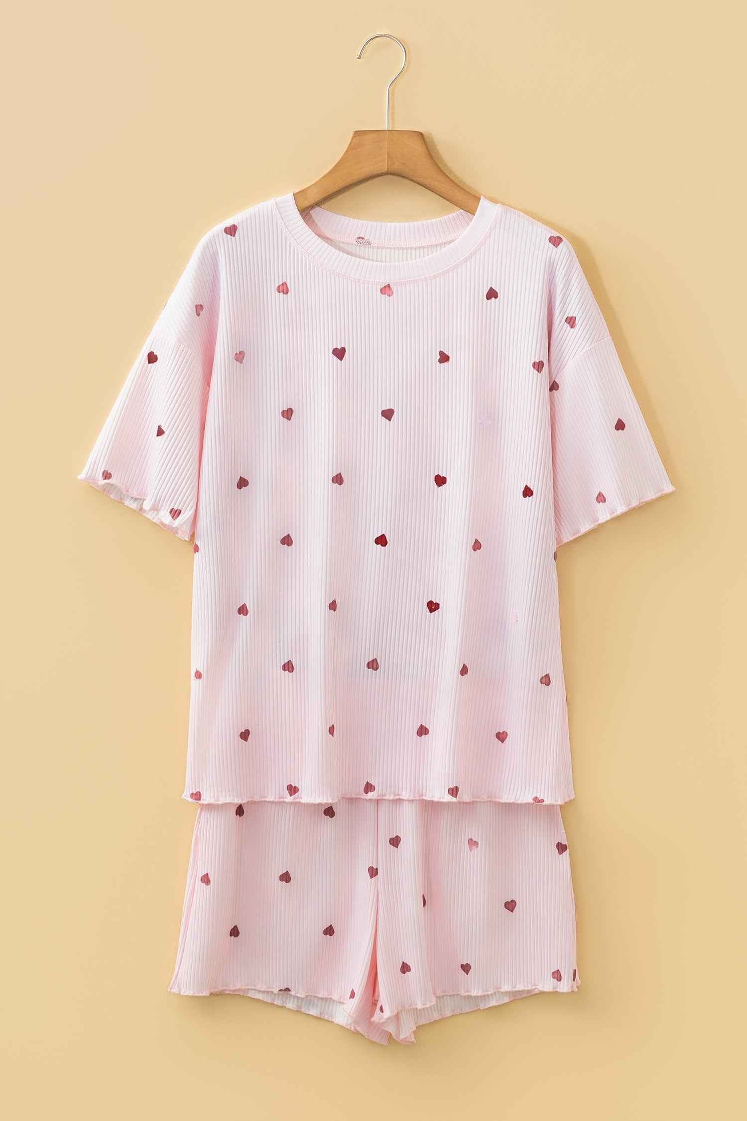 Light Pink Valentine Heart Shape Print Ribbed Knit Short Lounge Set
