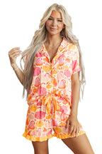 Pink Short Sleeve Pumpkin Print Pocket Placket Shell Button Lounge Set - MuseLover