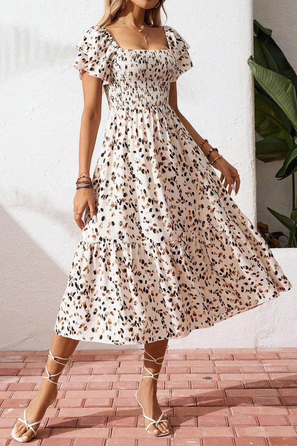 Beige Ditsy Floral Print Smocked Square Neck Ruffle Short Sleeve Dress