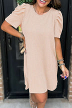 Mint Green Corded Knit Crew Neck Puff Sleeve Shift Mini Dress