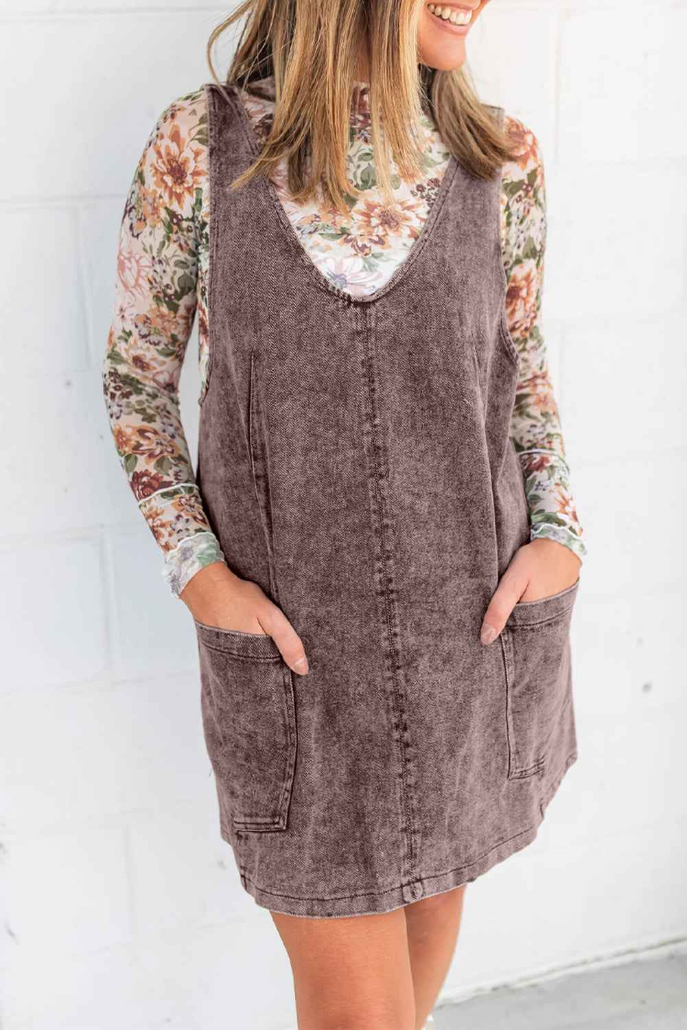 Goat Vintage Washed Denim V Neck Suspender Mini Dress
