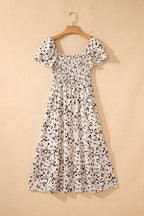 Beige Ditsy Floral Print Smocked Square Neck Ruffle Short Sleeve Dress