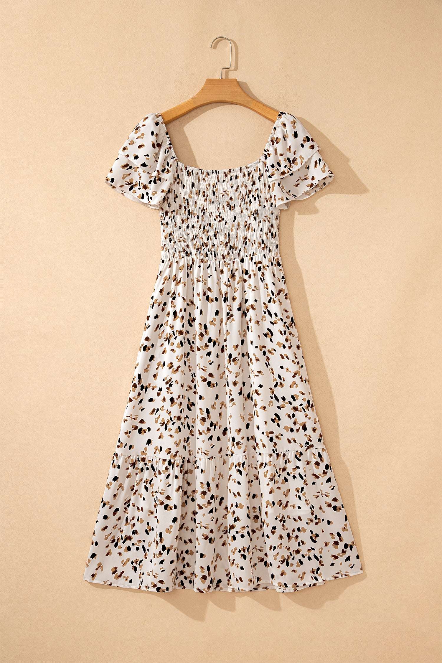Beige Ditsy Floral Print Smocked Square Neck Ruffle Short Sleeve Dress
