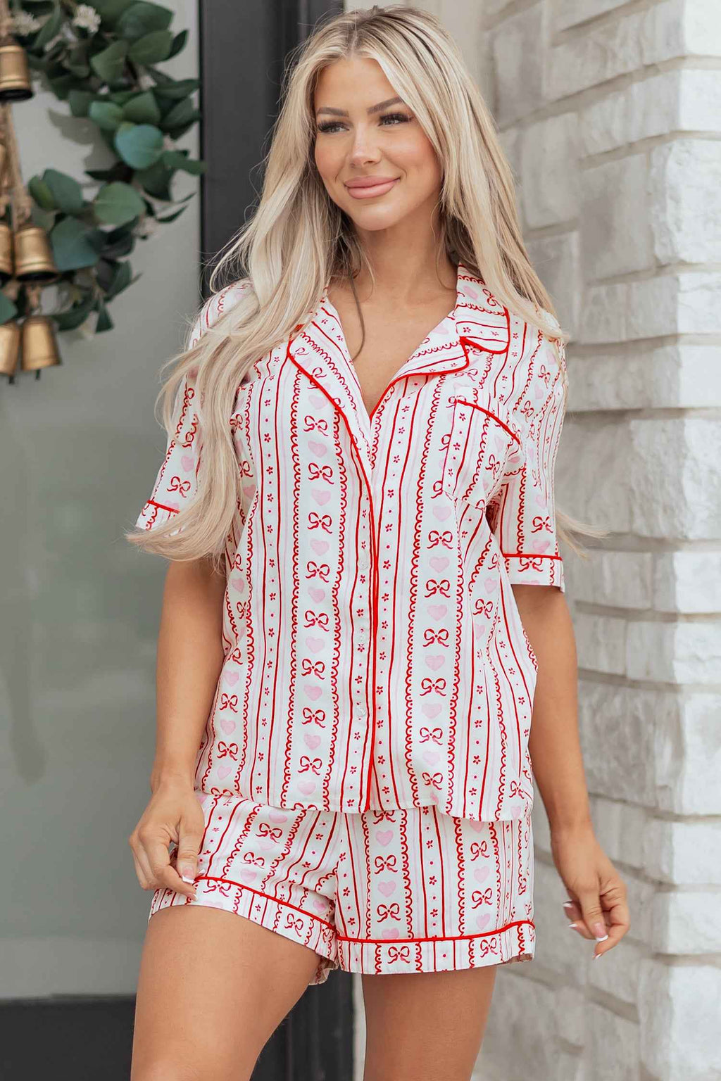 Red Cute Bow Heart Print Ribbon Decor Short 2pcs Pajama Set