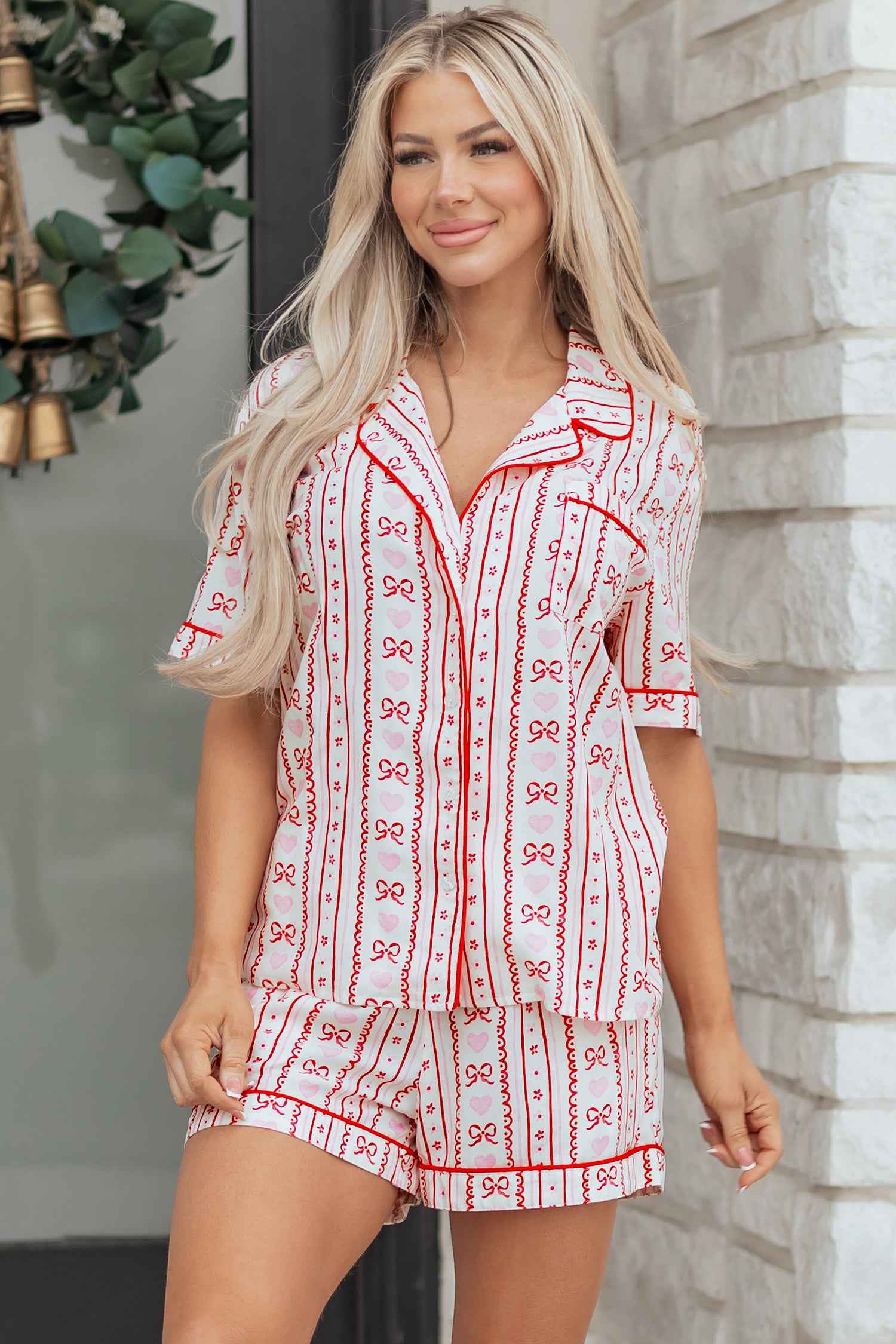 Red Cute Bow Heart Print Ribbon Decor Short 2pcs Pajama Set
