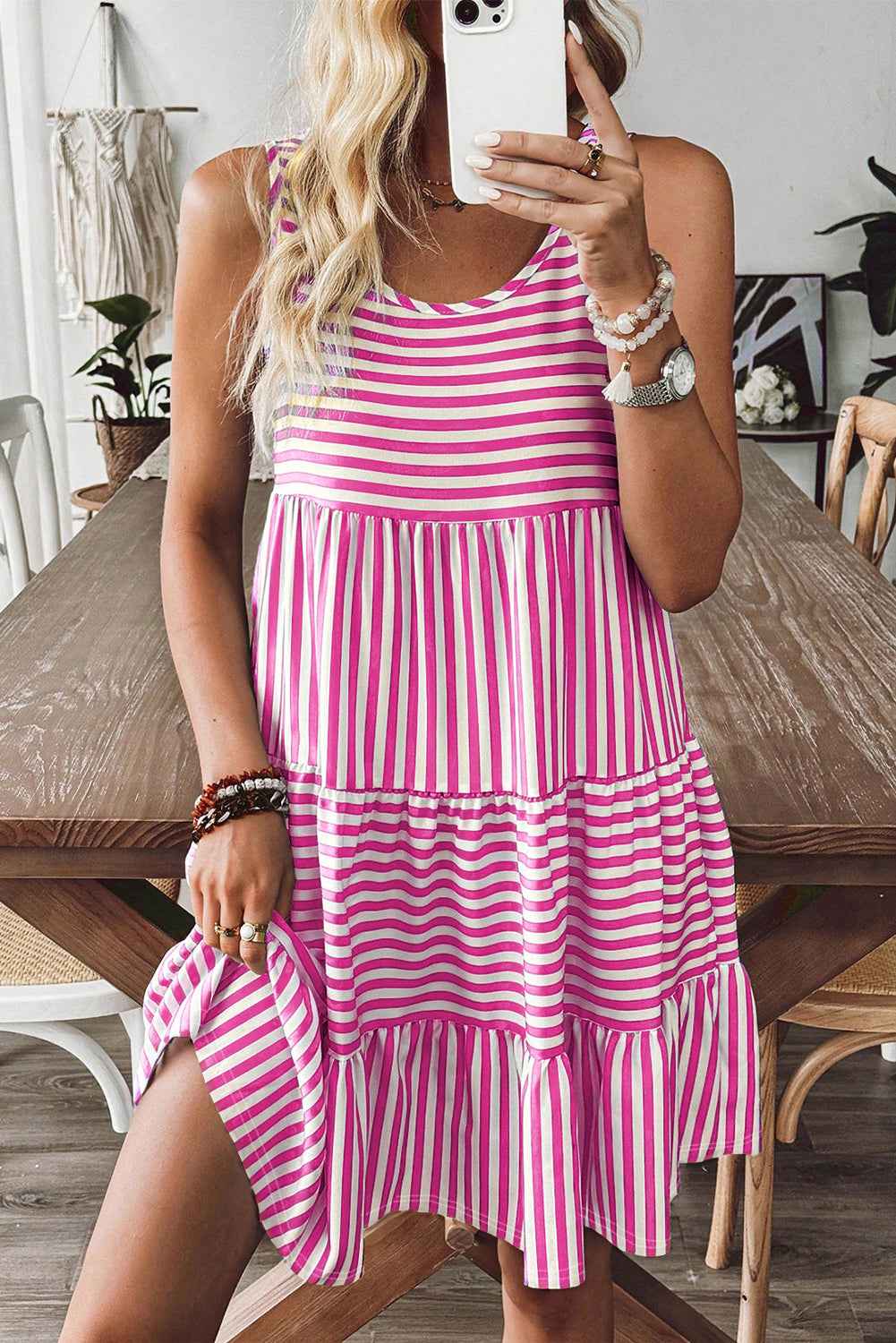 Rose Stripe U Neck Sleeveless Loose Fit Mini Dress