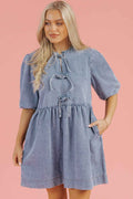 Dusk Blue Bowknot Bubble Sleeve Short Denim Dress