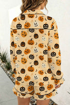 Orange Long Sleeve Ruffle Pumpkin Face Print Two Piece Lounge Set