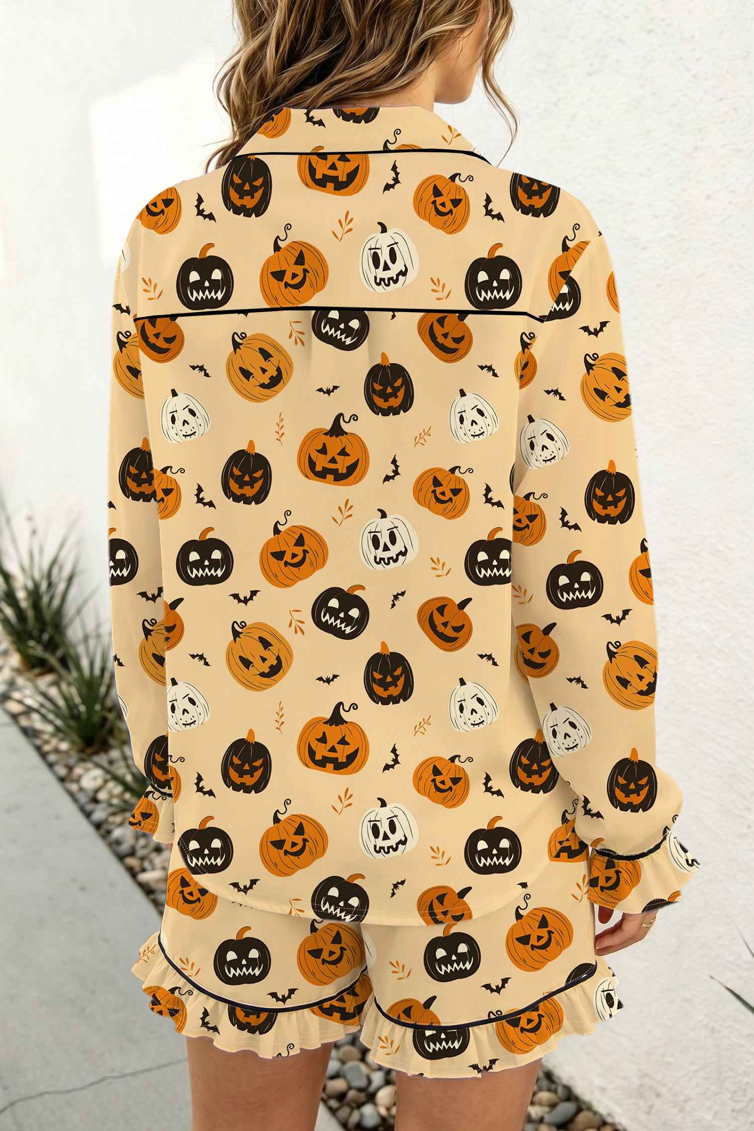 Orange Long Sleeve Ruffle Pumpkin Face Print Two Piece Lounge Set