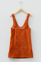Gold Flame Flower Embroidered Corduroy Overall Mini Dress