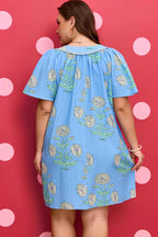 Sky Blue Plus Periwinkle Floral Printed Short Sleeve Striped Trim Split Neck Mini Dress