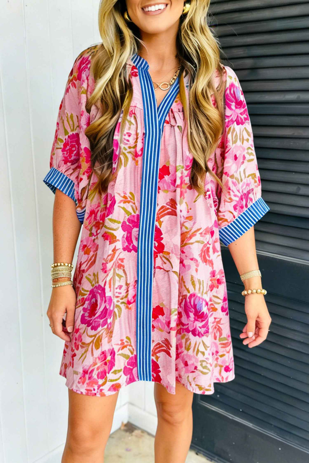 Multicolour Floral Striped Patchwork Trim Half Sleeve Mini Dress