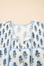 Sky Blue Floral Puff Sleeve Tied Neck Pocketed Mini Dress