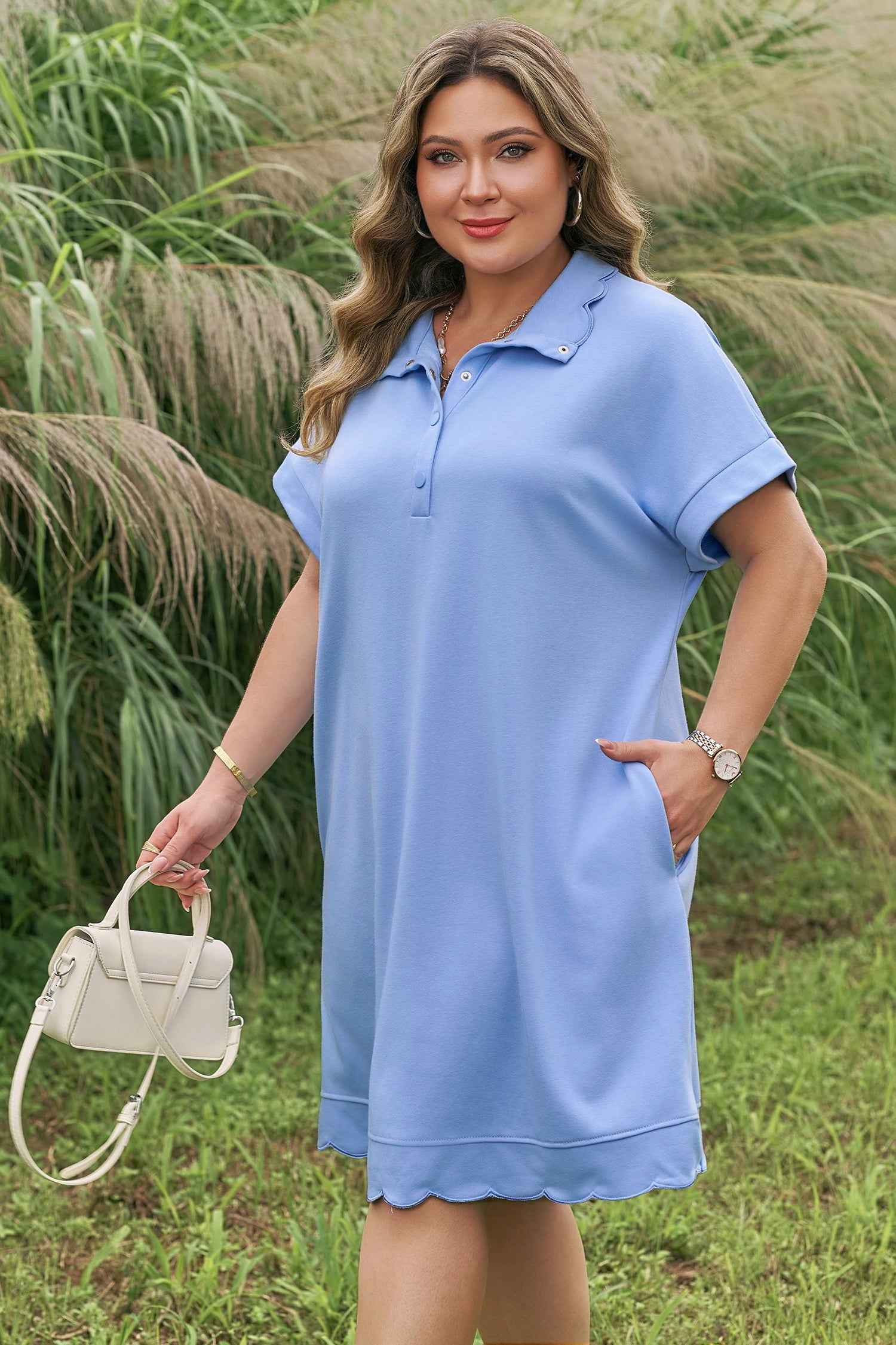 Beau Blue Plus Size Solid Scalloped Hem Button Neck Pullover Mini Dress