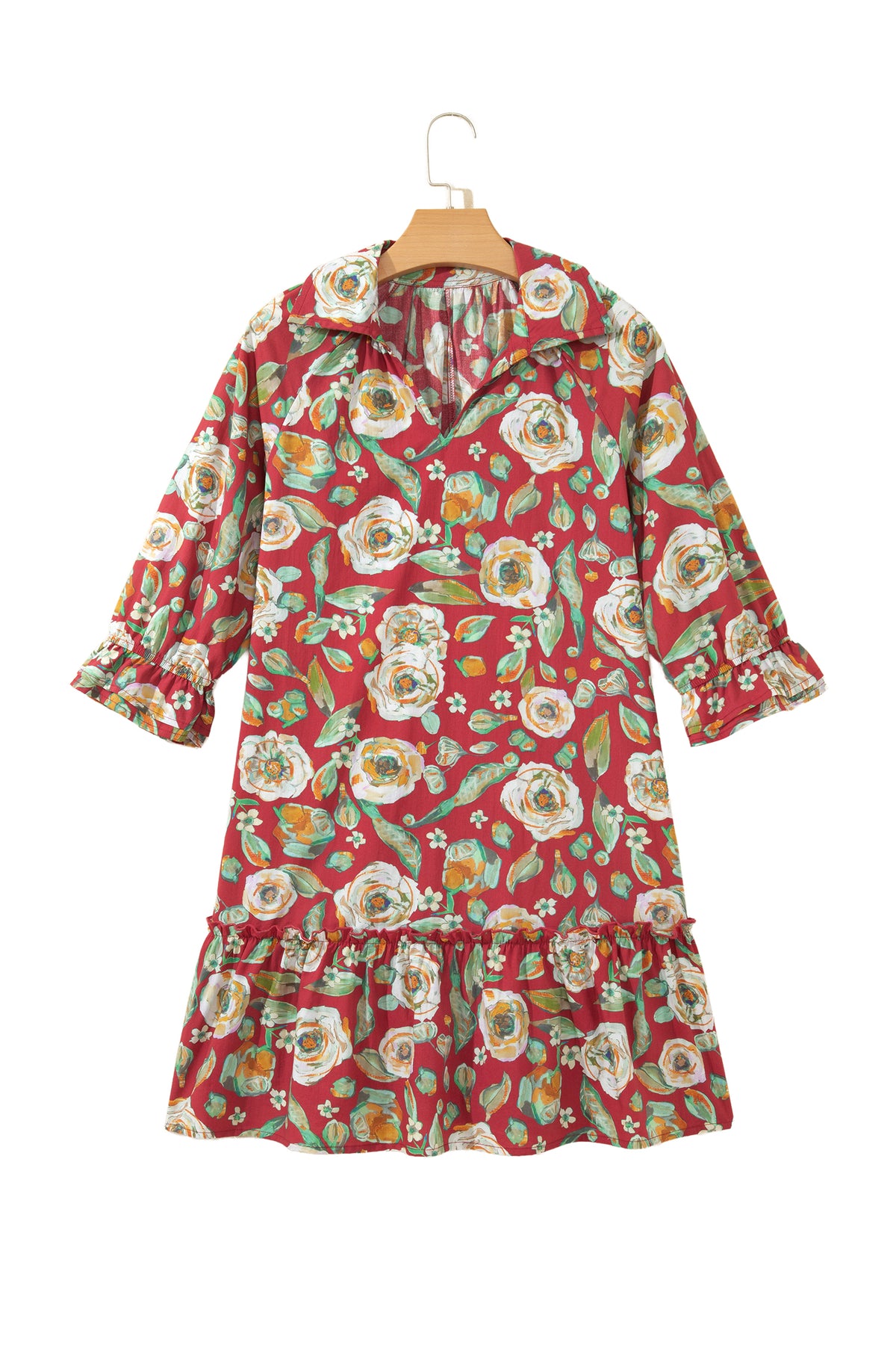 Red Floral Print Half Sleeve Short Shift Dress