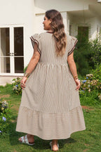 Brown Stripe Plus Size Slit V Neck Tiered Flutter Sleeve Maxi Dress