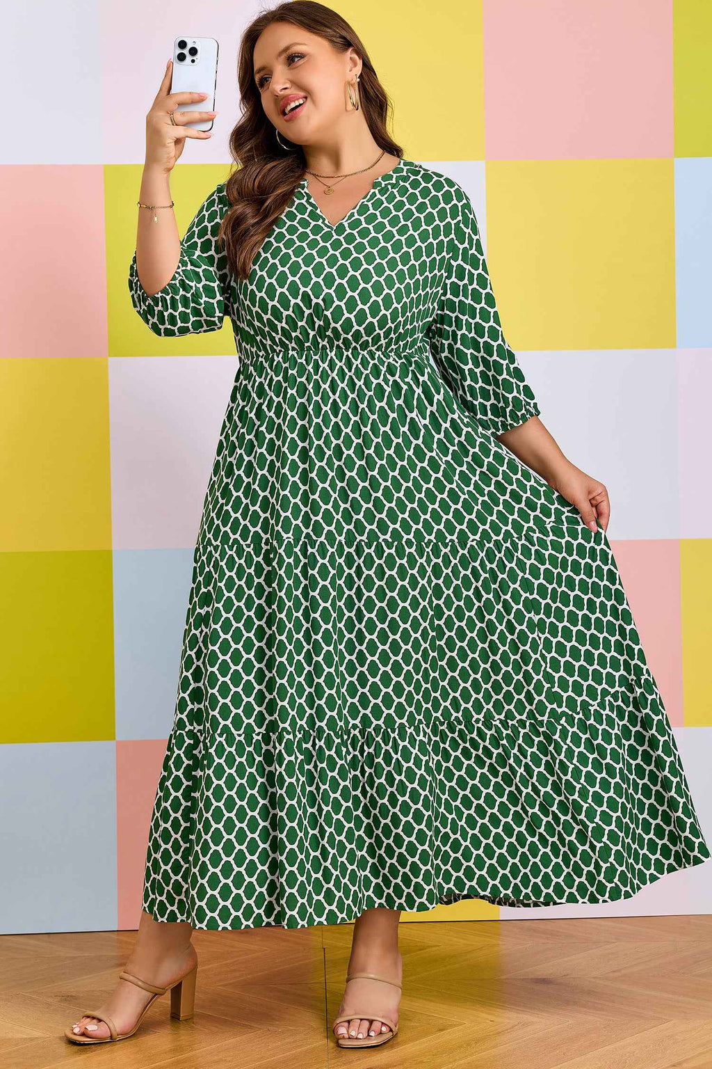 Green Plus Size Geometric Print Pocketed Ruffle Hem Casual Dress
